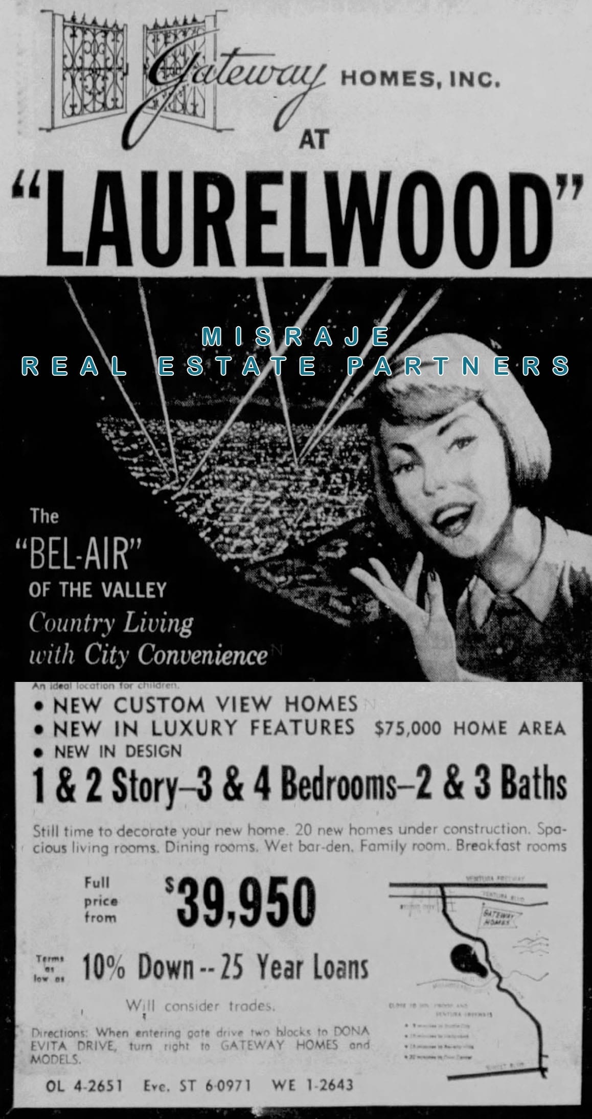 Full Gateway Homes newspaper ad for Laurelwood, "The Bel-Air of the Valley," custom homes from $39,950.