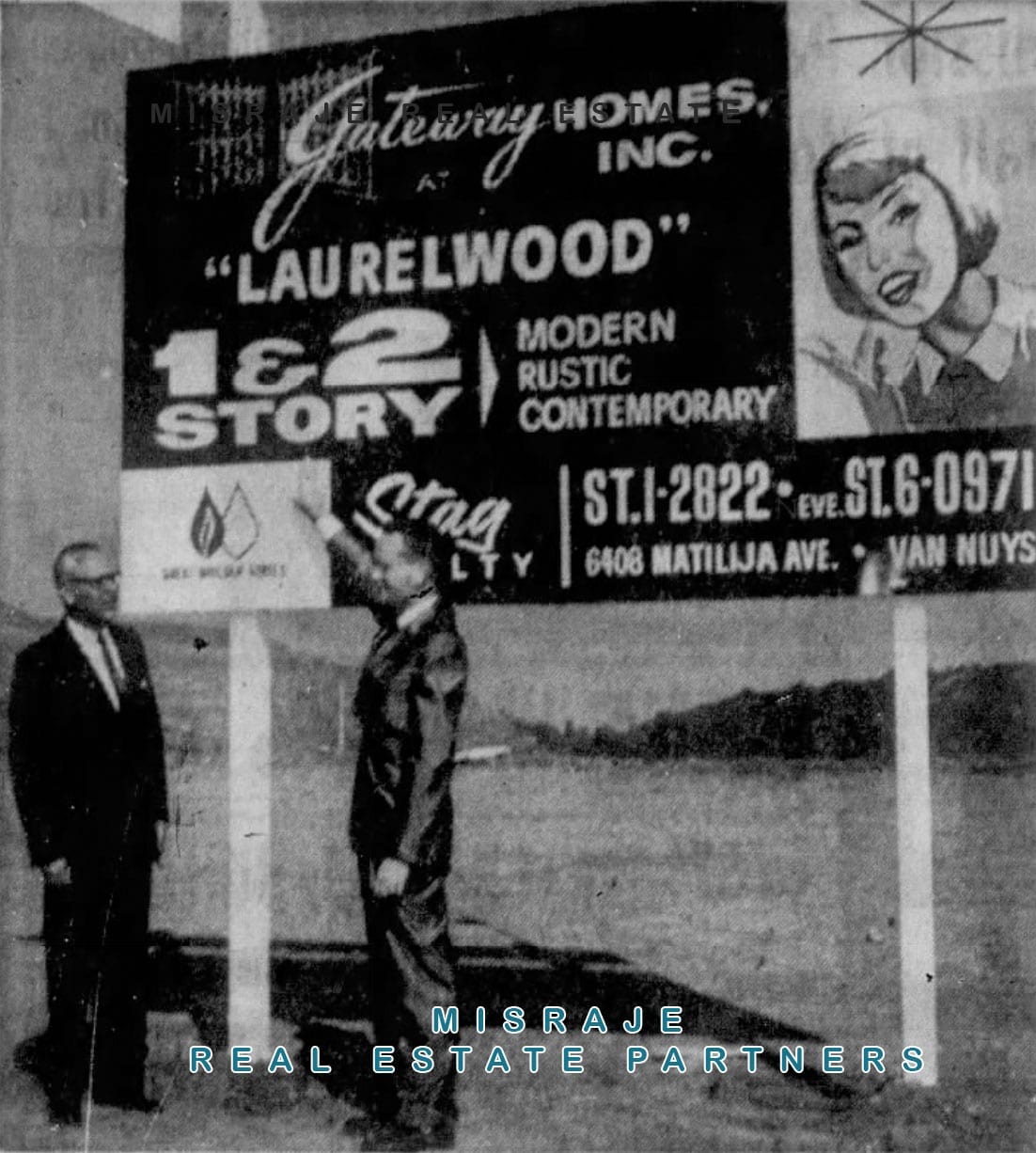 Two men at the "Gateway Homes Inc. at Laurelwood" roadside billboard on the future tract.
