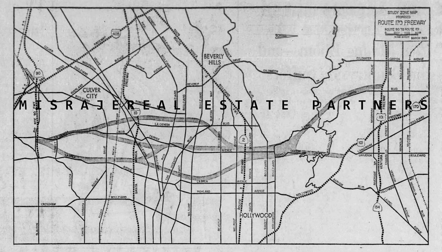 Study zone map for the proposed Route 170 (Laurel Canyon) Freeway.