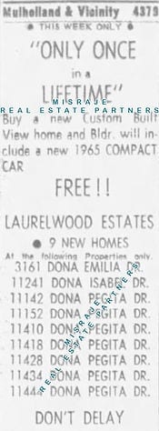August 16, 1964 Laurelwood Estates ad, "ONLY ONCE in a LIFETIME," free 1965 compact car, FREE!! 9 NEW HOMES on the Doña streets.
