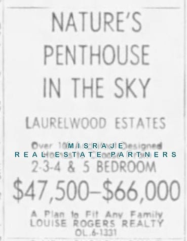 August 23, 1964 Laurelwood Estates ad, "Nature's Penthouse in the Sky," $47,500-$66,000, Louise Rogers Realty.