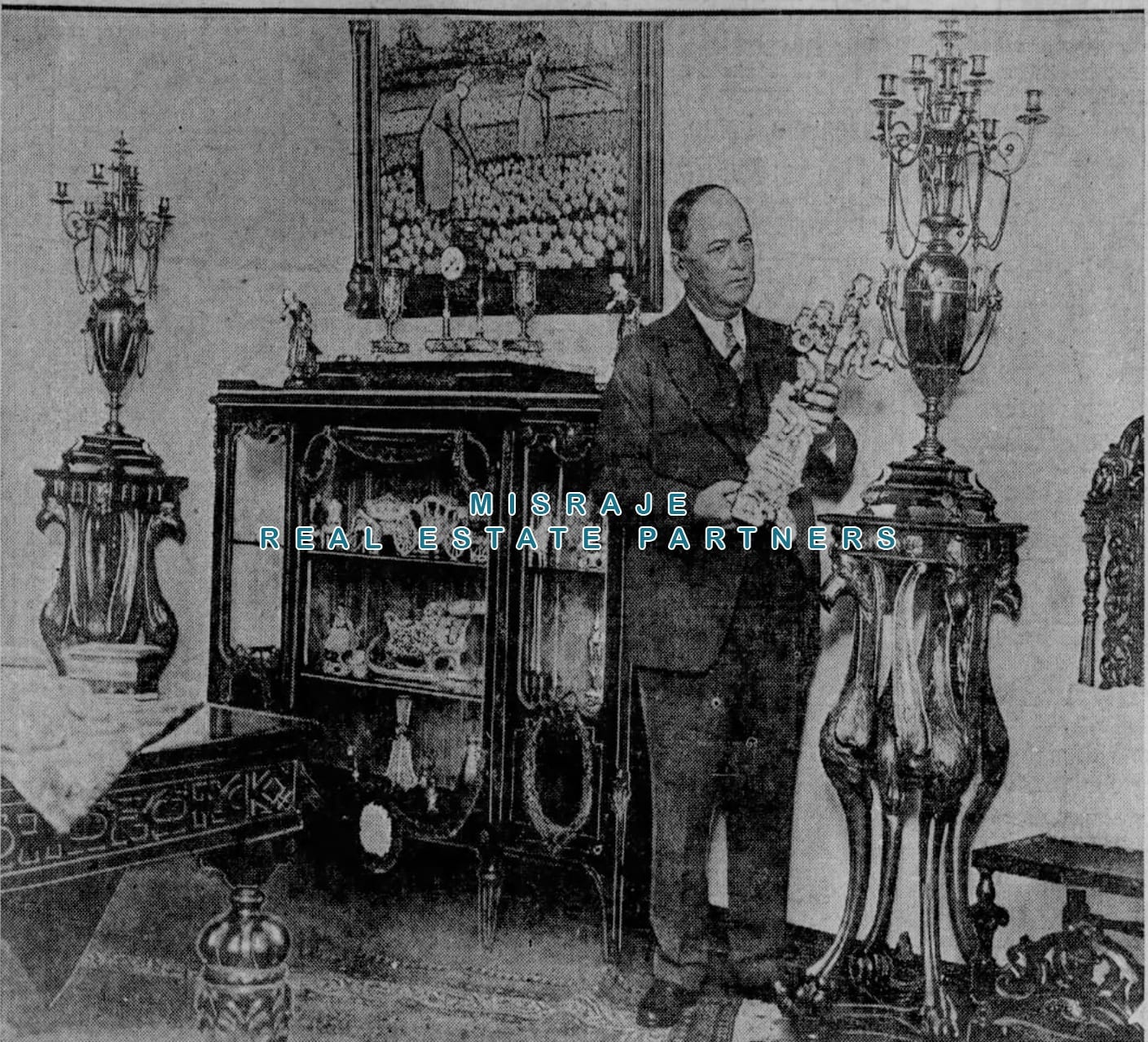 Harry C. Fryman, the developer and landowner whose heirs first held the Laurelwood property, photographed among ornate furnishings in a bungalow atop a hotel he owned.