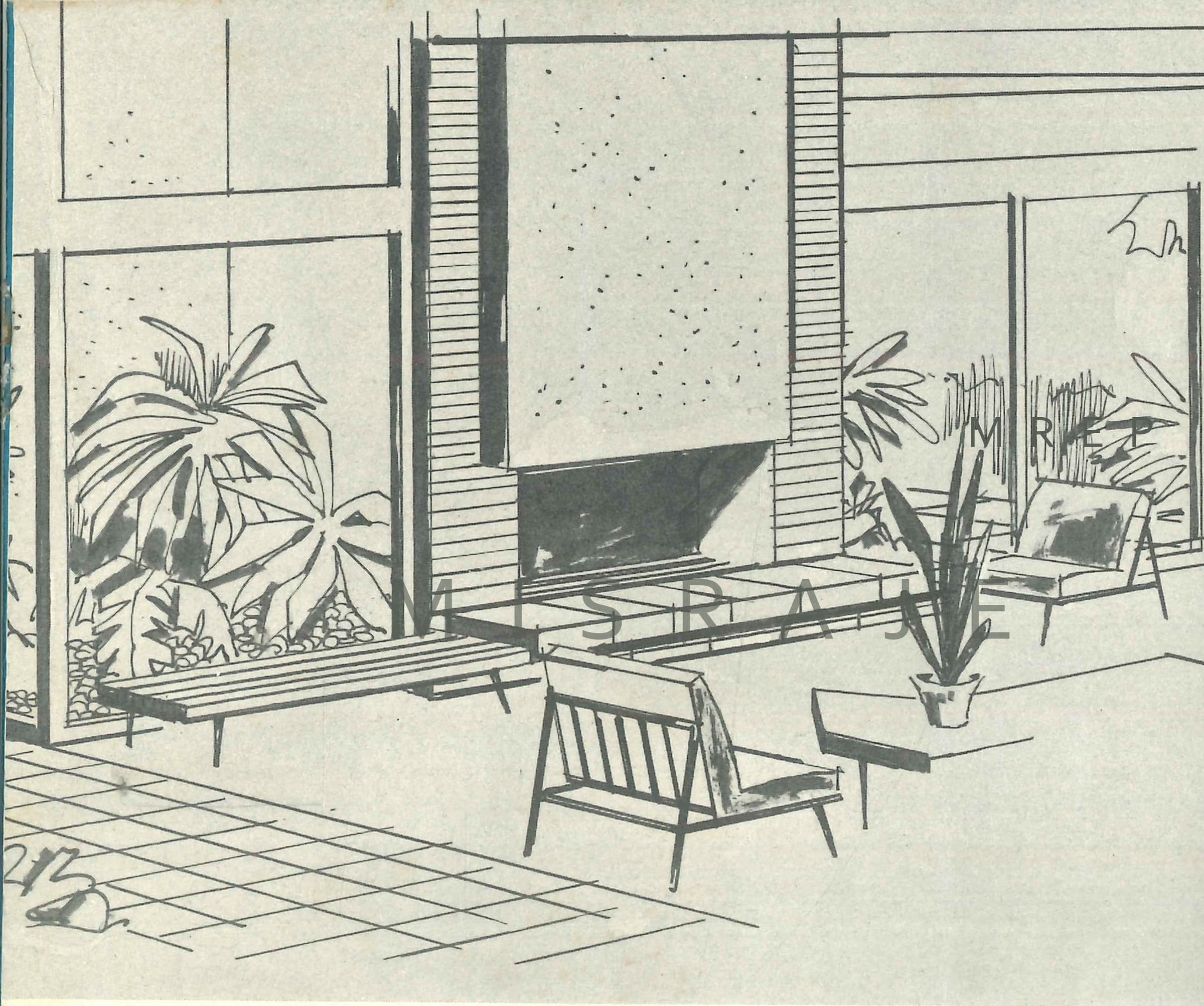 Vintage rendering of a mid-century living room from the original Laurelwood development brochure